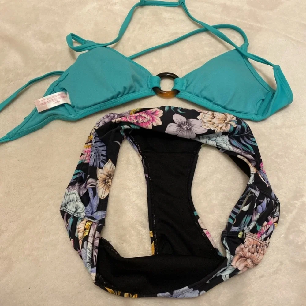No Boundaries Seafoam Bikini with Floral Black Bottom